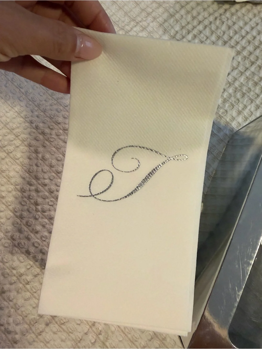 Premium Quality Silver Foil Monogram (T) Disposable White Hand Towels